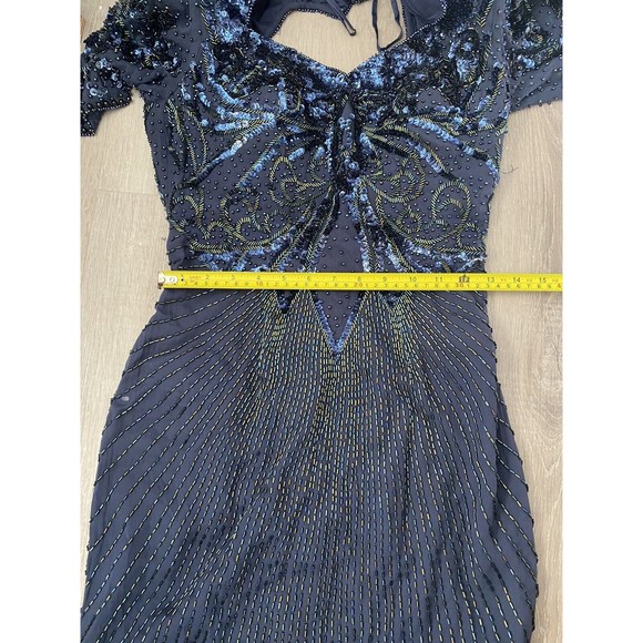 Vtg Alyce Flapper Art Deco 100% silk Navy beaded Pageant gown, Open Back Size 4 - Picture 10 of 12